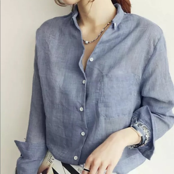 Shirt womens button collar blue chemise cotton cool thin top - Picture 1 of 4